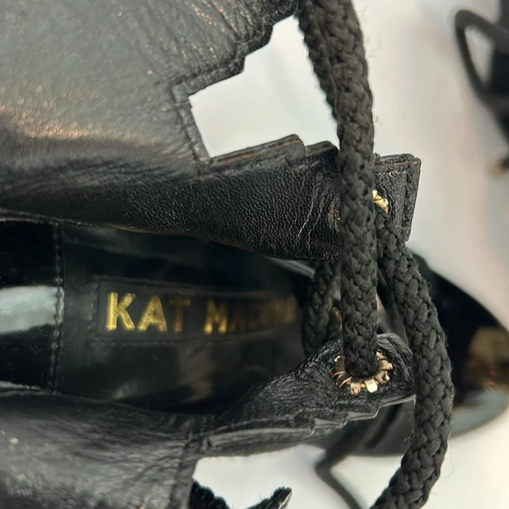 KAT MACONIE Betsy Suede Black Sandals Gold Heels Lace Up women’s size 5.5